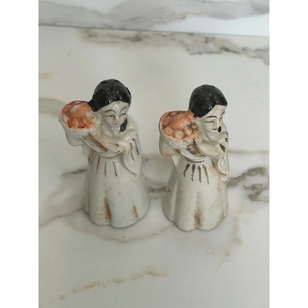 Vintage Ceramic Salt and Pepper Shakers Asian Women with Fruit Baskets Gold Trim